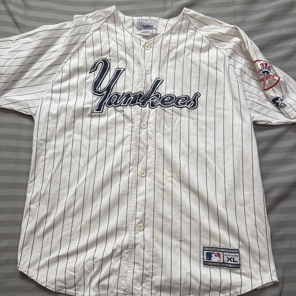 Vintage STARTER New York Yankees Pinstripe Baseball Jersey Mens XL Fair Con READ